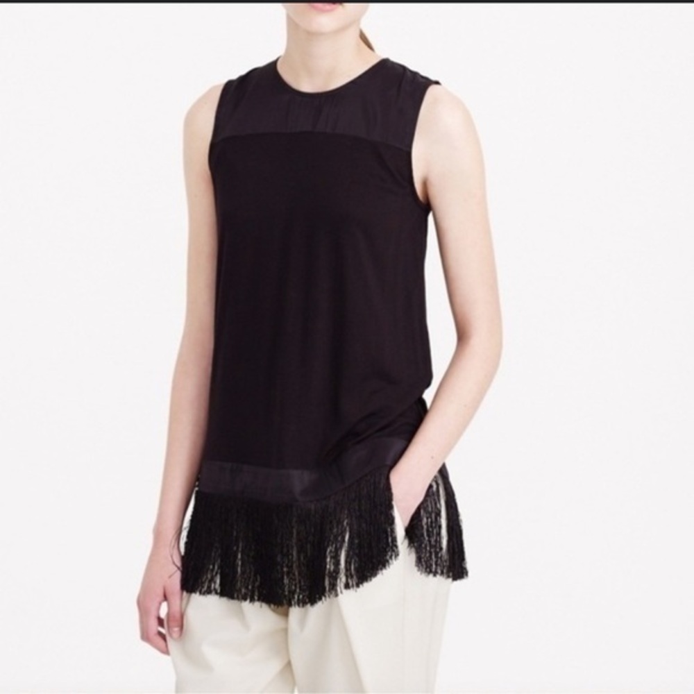J. Crew tank blouse with heavy black fringe hemline and zipper closure with hook